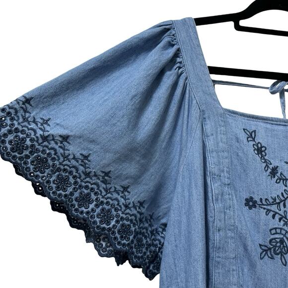 Old Navy Floral Embroidered Denim Square Neck Midi Dress Size 2X Blue Boho - Picture 5 of 8